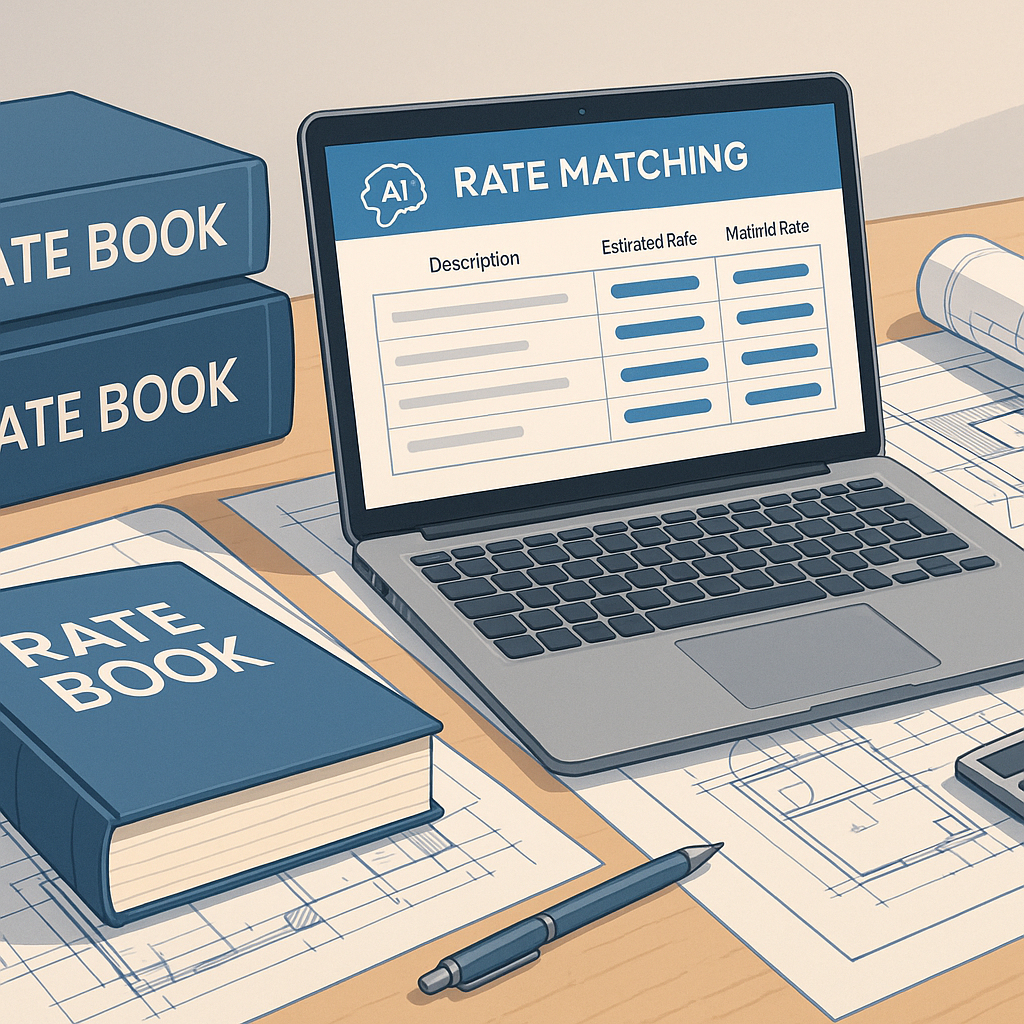 A detailed illustration of a construction estimator's desk with a laptop showing AI-powered rate matching results, surro...