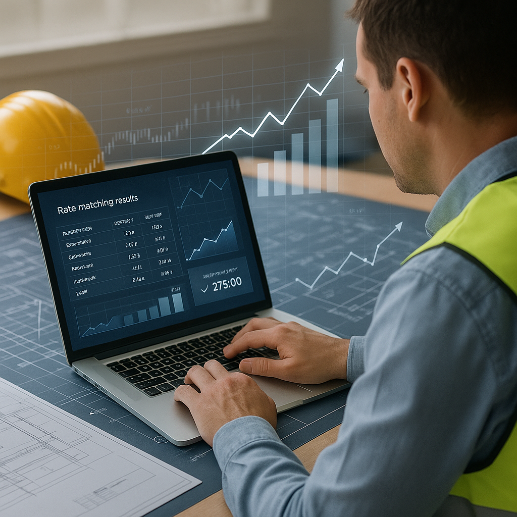 A construction estimator working on a laptop, with AI-powered rate matching results displayed on the screen. Include dig...