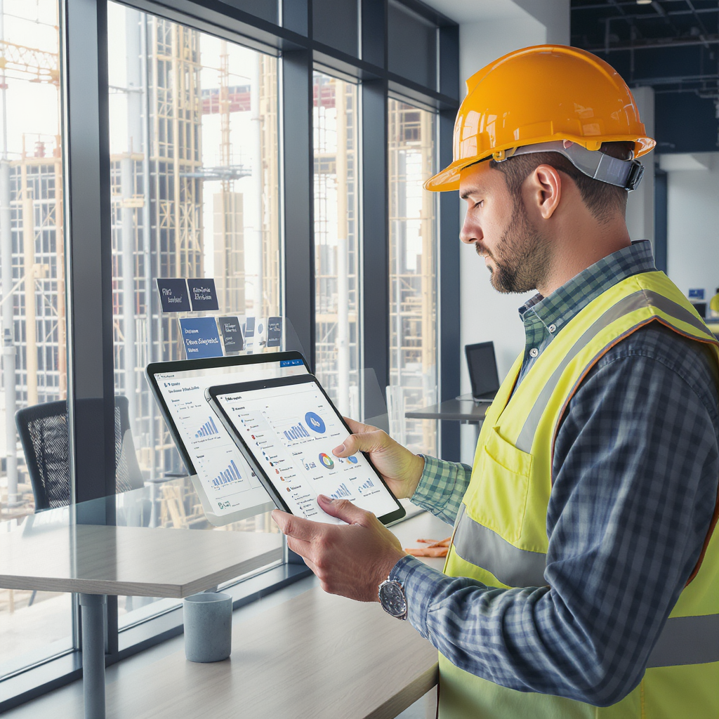 A detailed digital illustration of a construction site office showing a project manager using a tablet to automate procu...