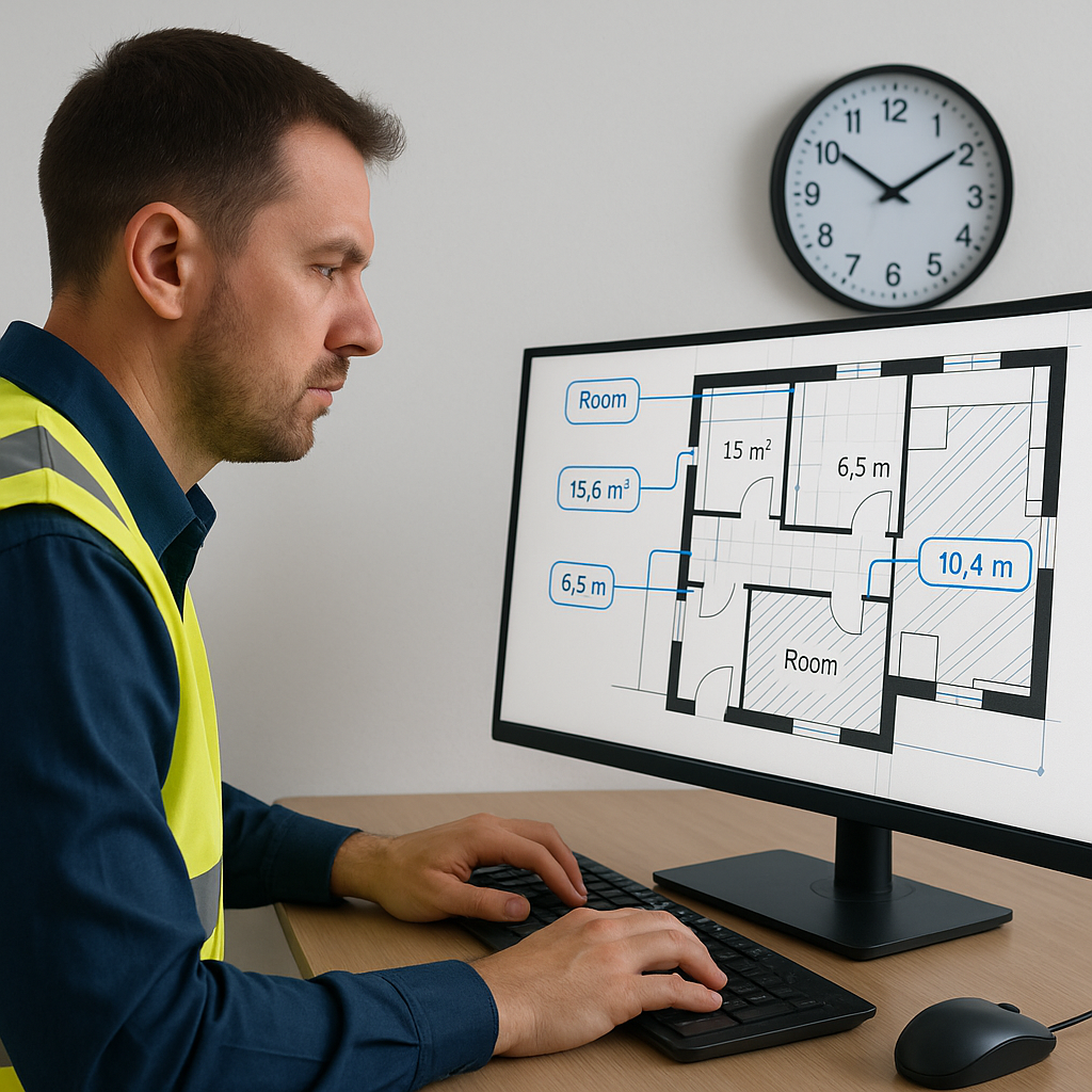 A construction estimator looking at a computer screen with architectural drawings and AI-powered annotations, with a clo...