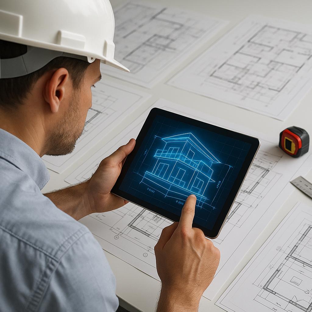 A construction estimator in a hardhat looking at a tablet with AI-generated building blueprints overlayed on the screen,...