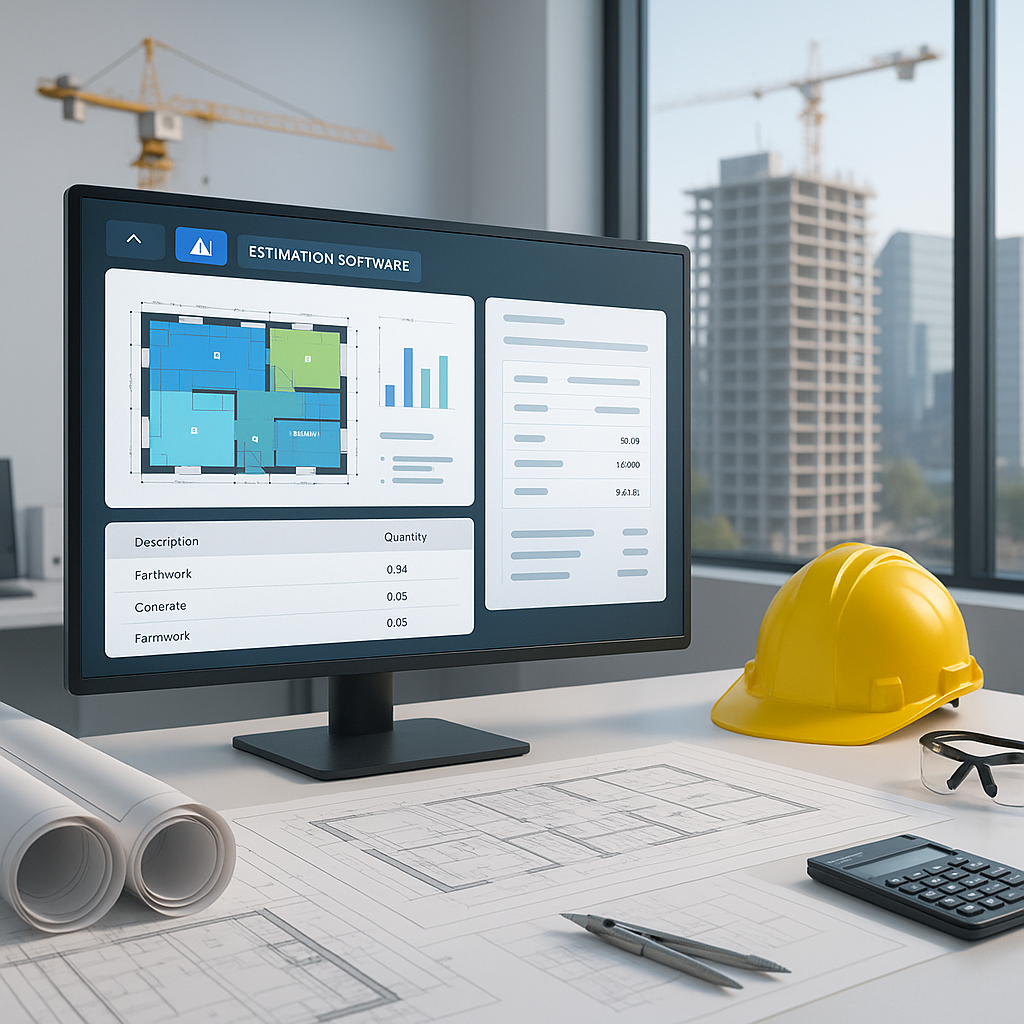 A futuristic construction office with a digital monitor displaying an AI-powered estimation software interface, surround...