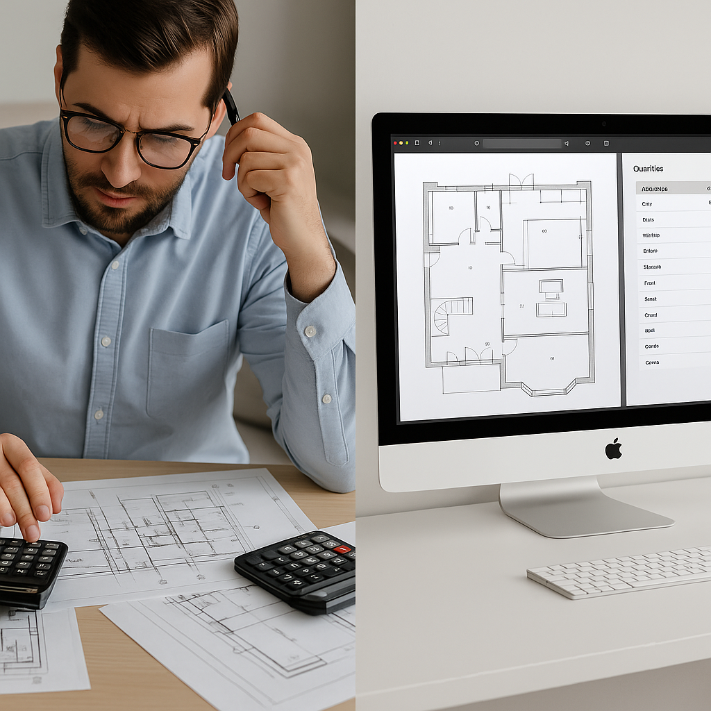 A split-screen image showing two scenarios: on the left, an estimator surrounded by paper drawings and calculators; on t...