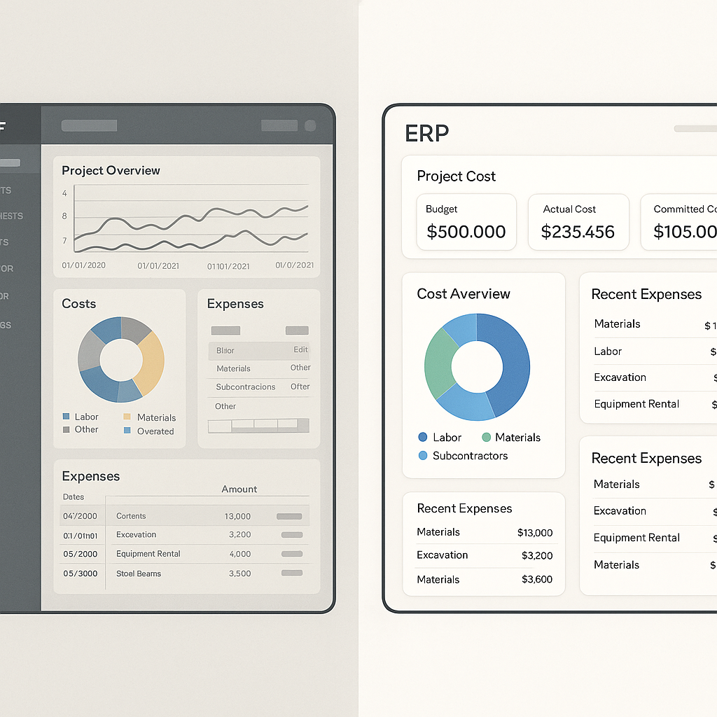 A side-by-side comparison of two ERP dashboards: one outdated and cluttered, the other modern and intuitive, with a focu...
