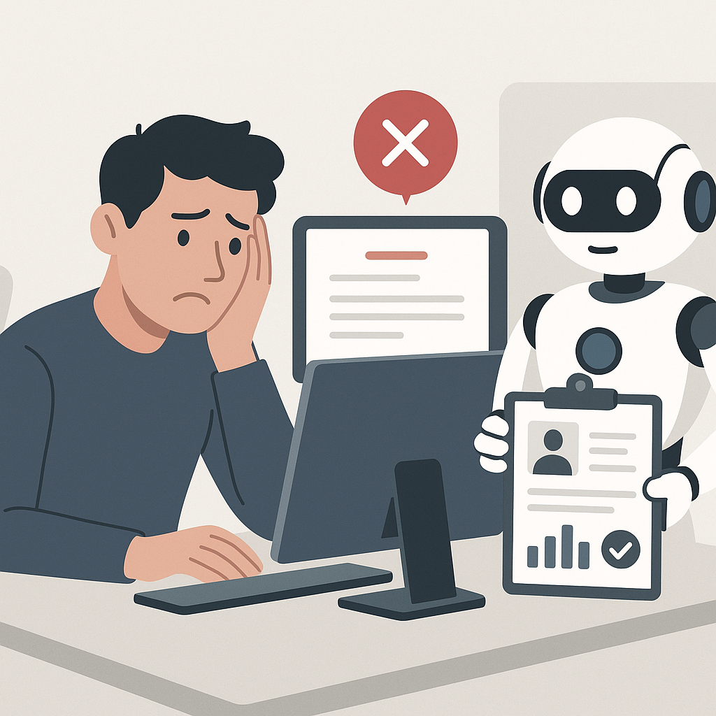 A frustrated job seeker looking at a computer screen showing an automated rejection email, with an AI robot offering a r...