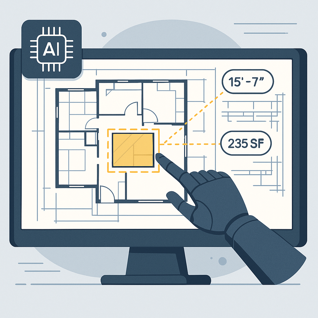 A detailed illustration of AI software analyzing a blueprint, with annotations and highlighted areas showing the takeoff...