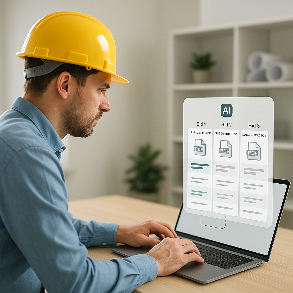 A construction project manager reviewing subcontractor bid PDFs on a laptop, with an AI interface overlay simplifying th...