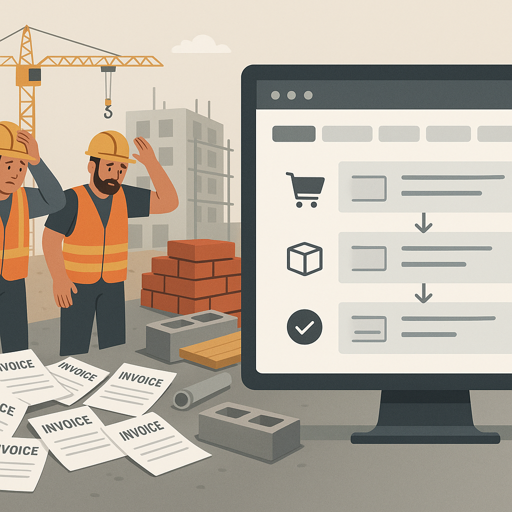 A construction site showing procurement chaos: scattered invoices, frustrated workers, and mismatched materials — contra...