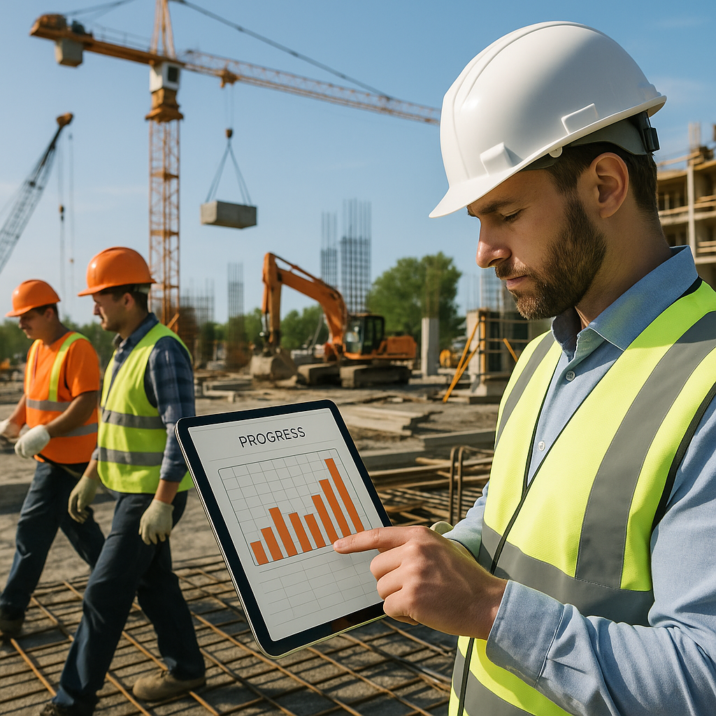 A construction site showing workers, equipment, and a supervisor reviewing a tablet; progress sheet overlay on the table...