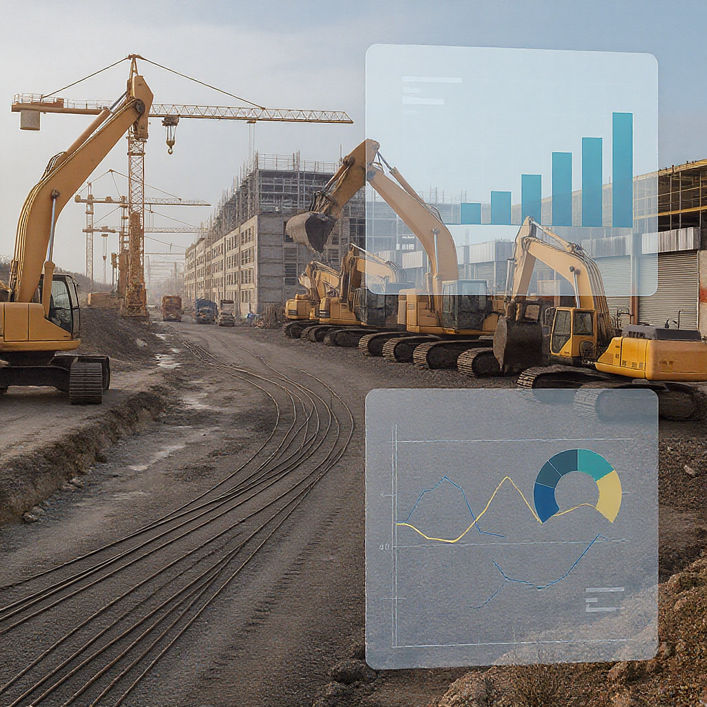 A construction fleet with cranes, loaders, and excavators, visually overlayed with digital tracking dashboards showing u...
