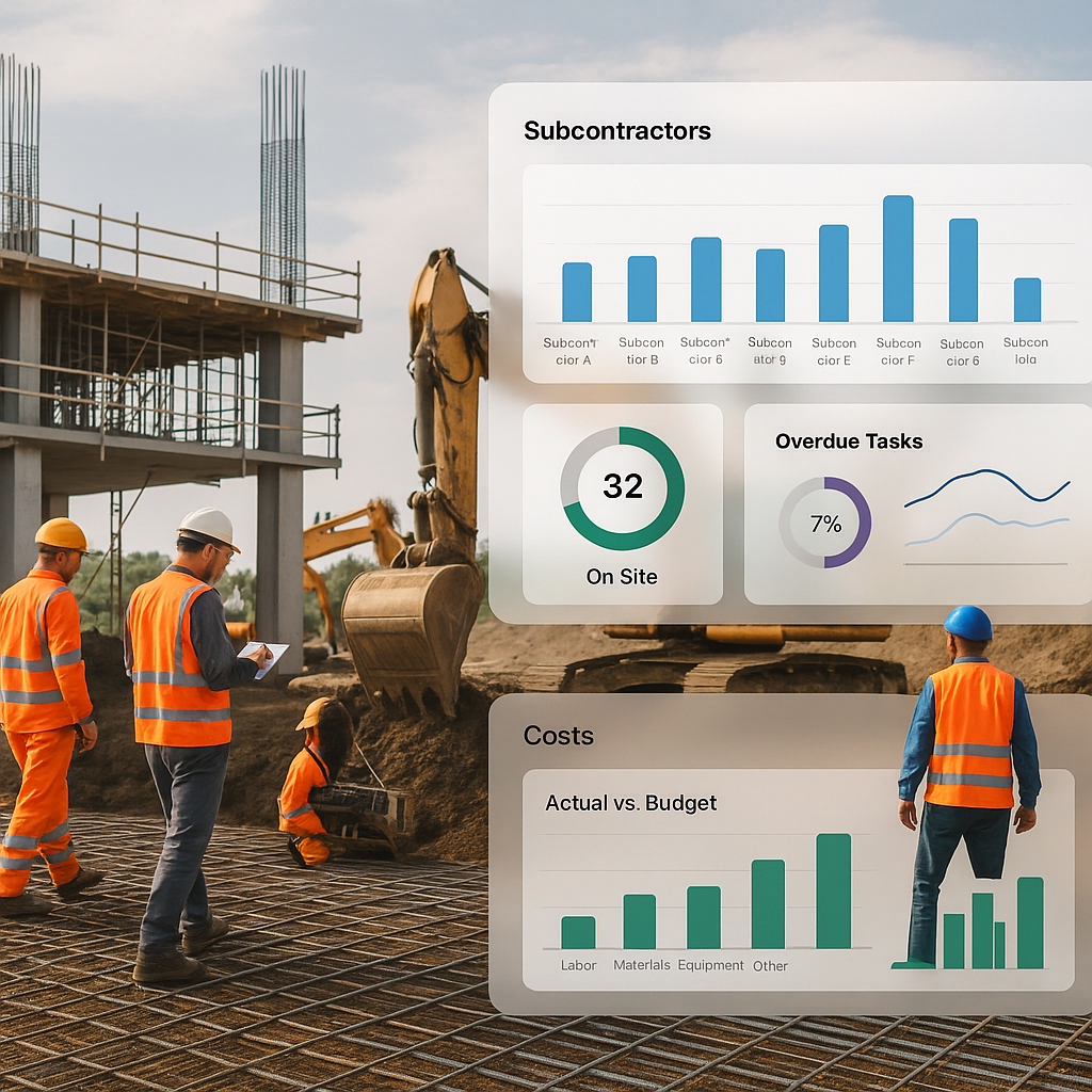 A construction site with workers and machinery, overlaid with digital dashboards showing subcontractor tracking and cost...