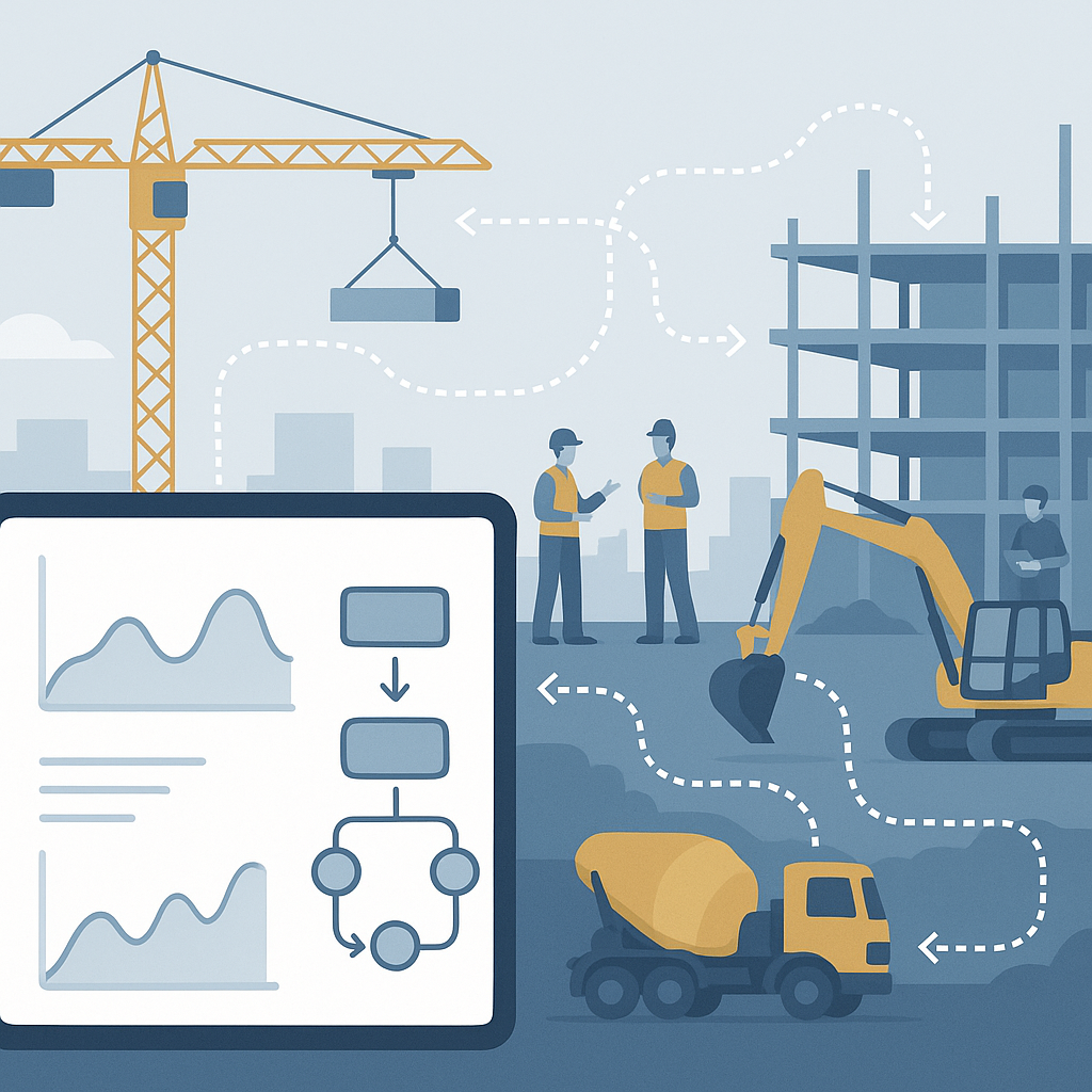 An illustration of a construction site with interconnected workflows, highlighting a digital dashboard in the foreground...