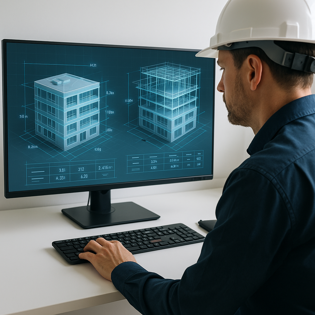 A construction estimator reviewing detailed AI-generated 3D building models on a computer, with digital overlays of meas...
