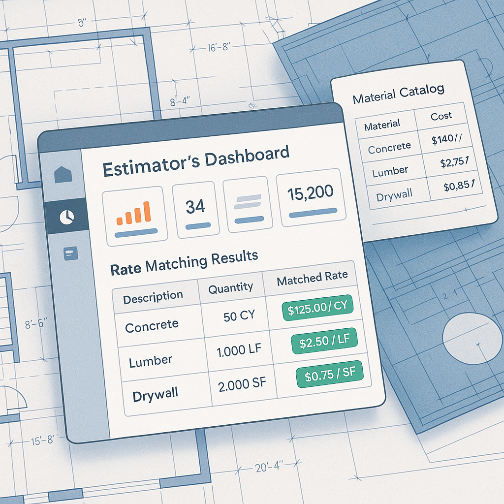 An AI-powered interface displaying a construction estimator's dashboard with highlighted rate-matching results, overlaid...