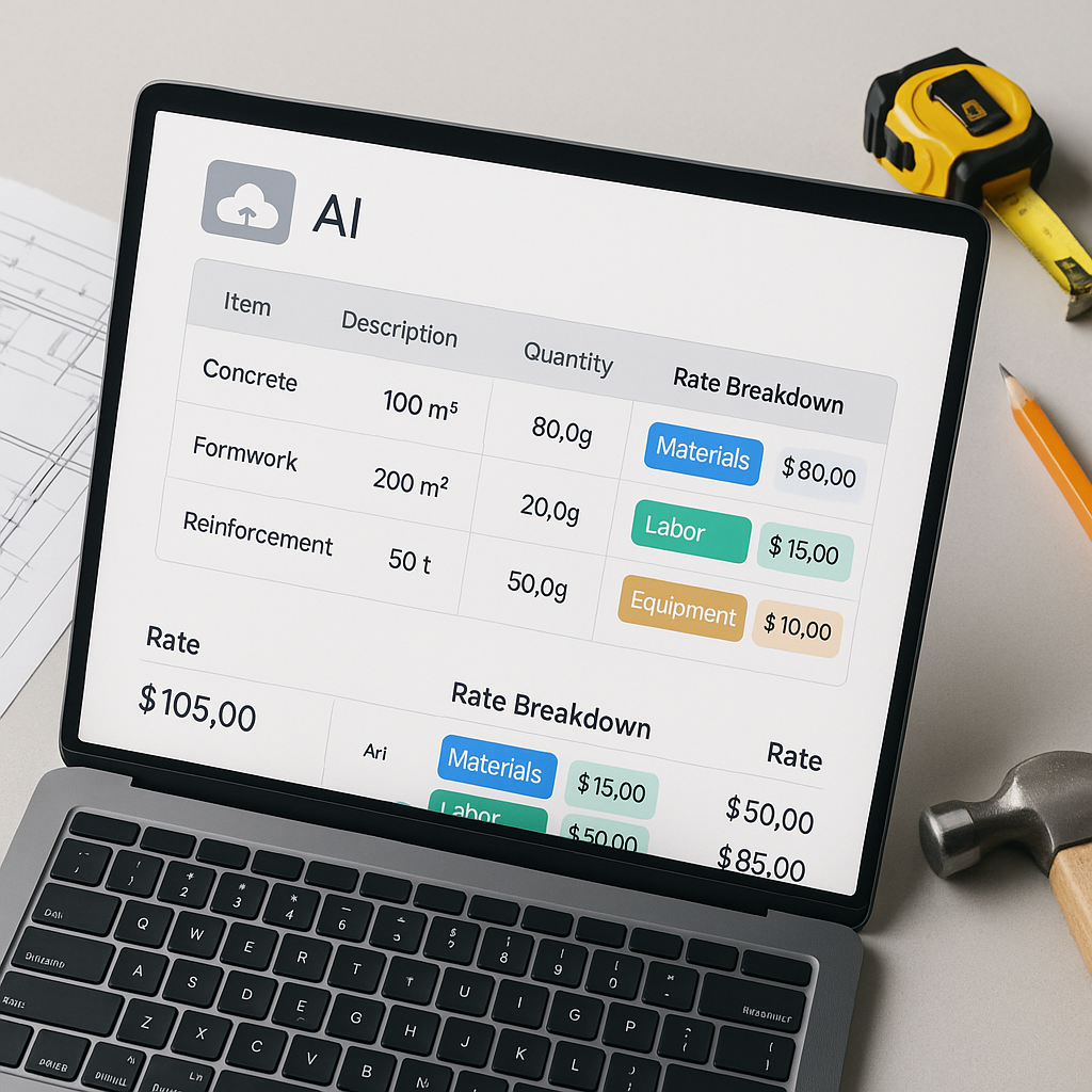 An AI-powered interface displaying a BOQ upload screen with highlighted rate breakdowns for materials, labor, and equipm...