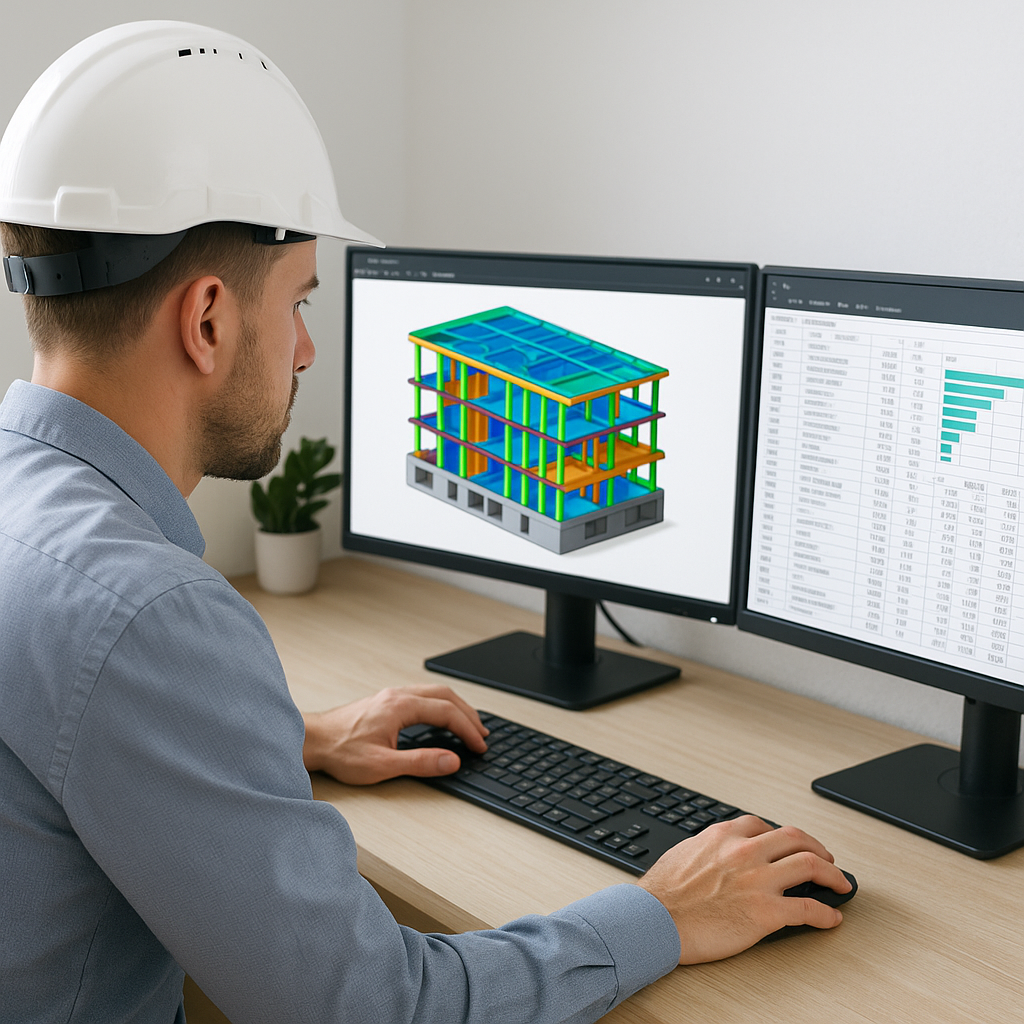 A construction estimator using AI software on a dual monitor setup, with a highlighted 3D building model and BOQ analysi...
