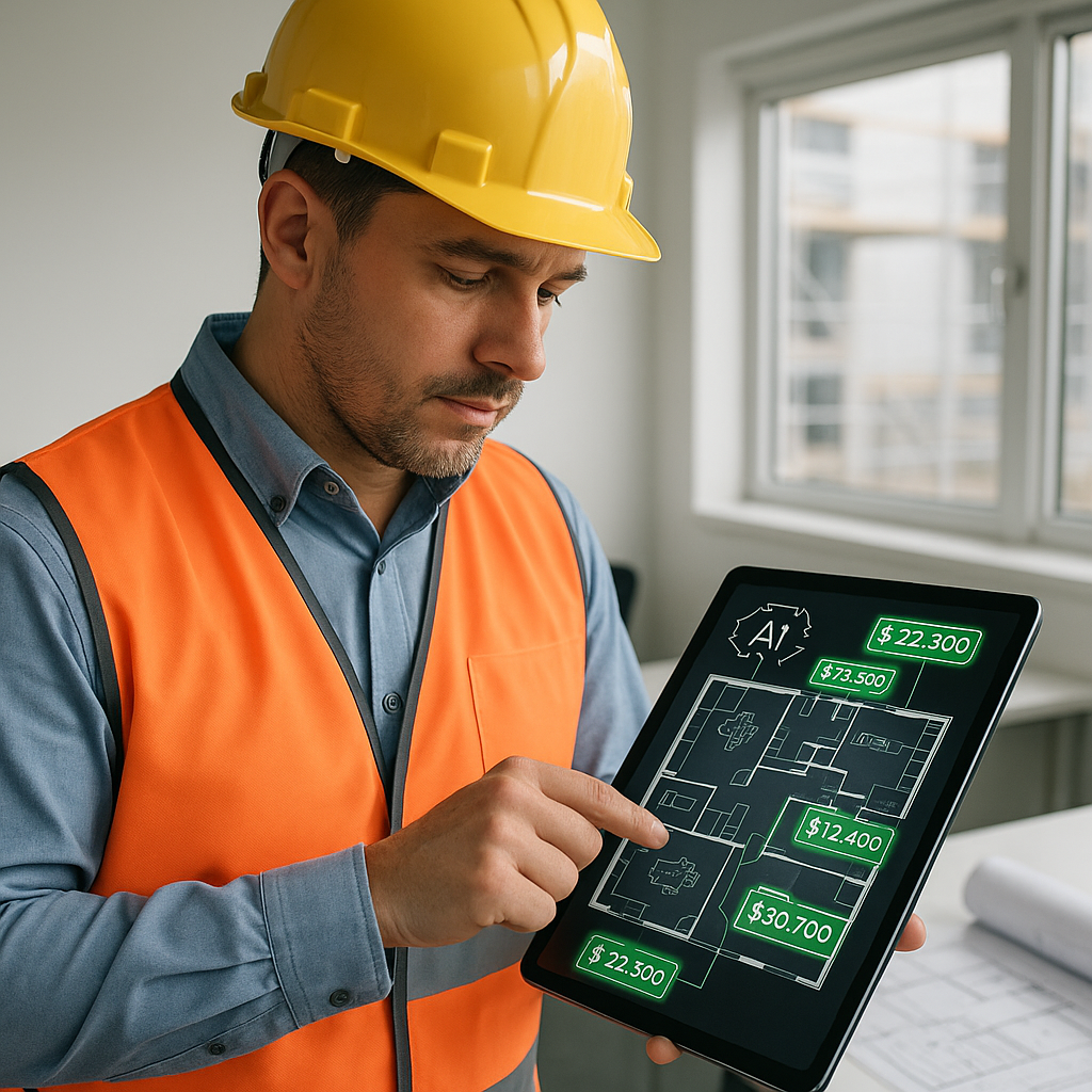 A contractor reviewing an AI-generated construction blueprint with cost validation overlays on a tablet, set in a modern...
