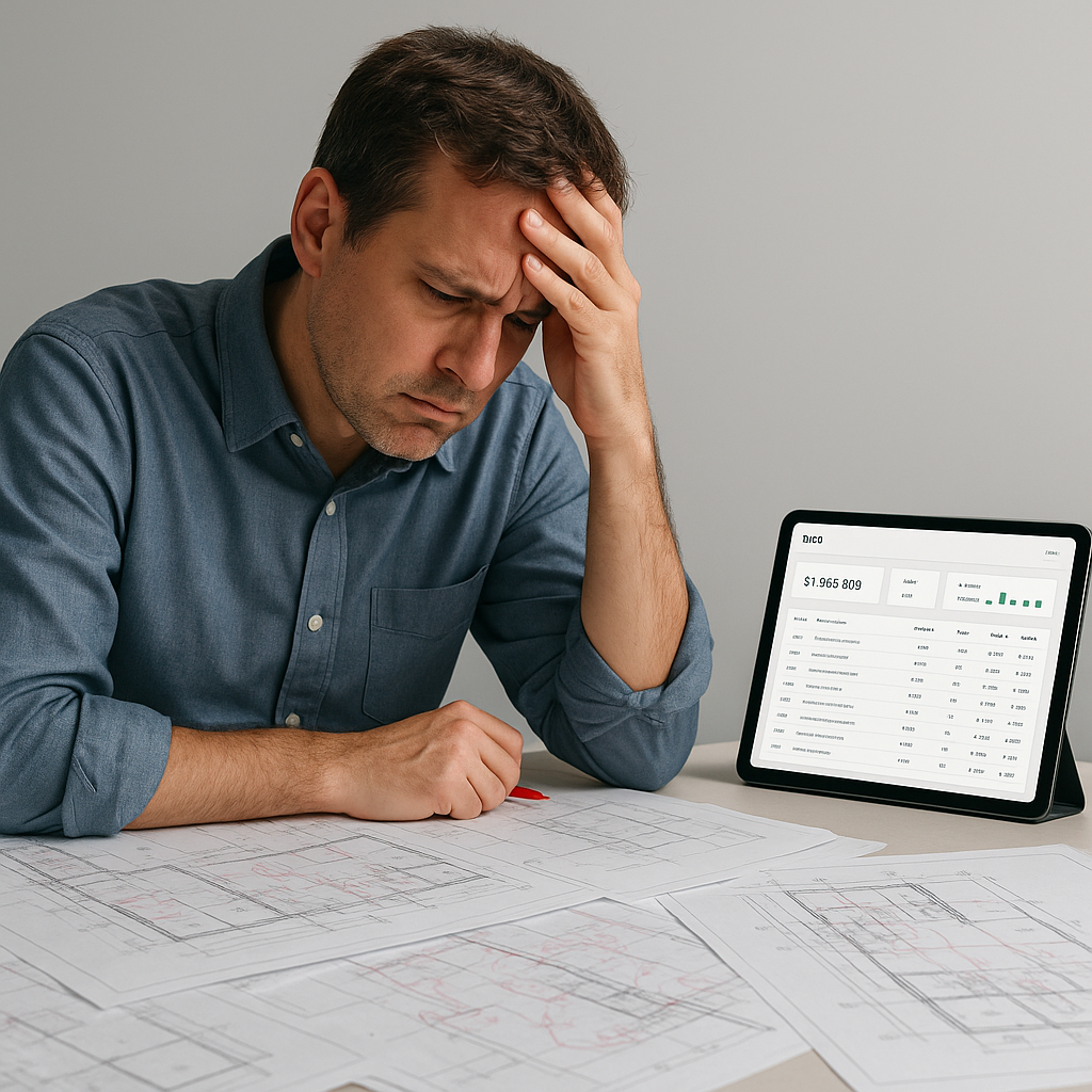 A frustrated construction estimator surrounded by paper blueprints and redlined drawings, contrasted with a digital tabl...