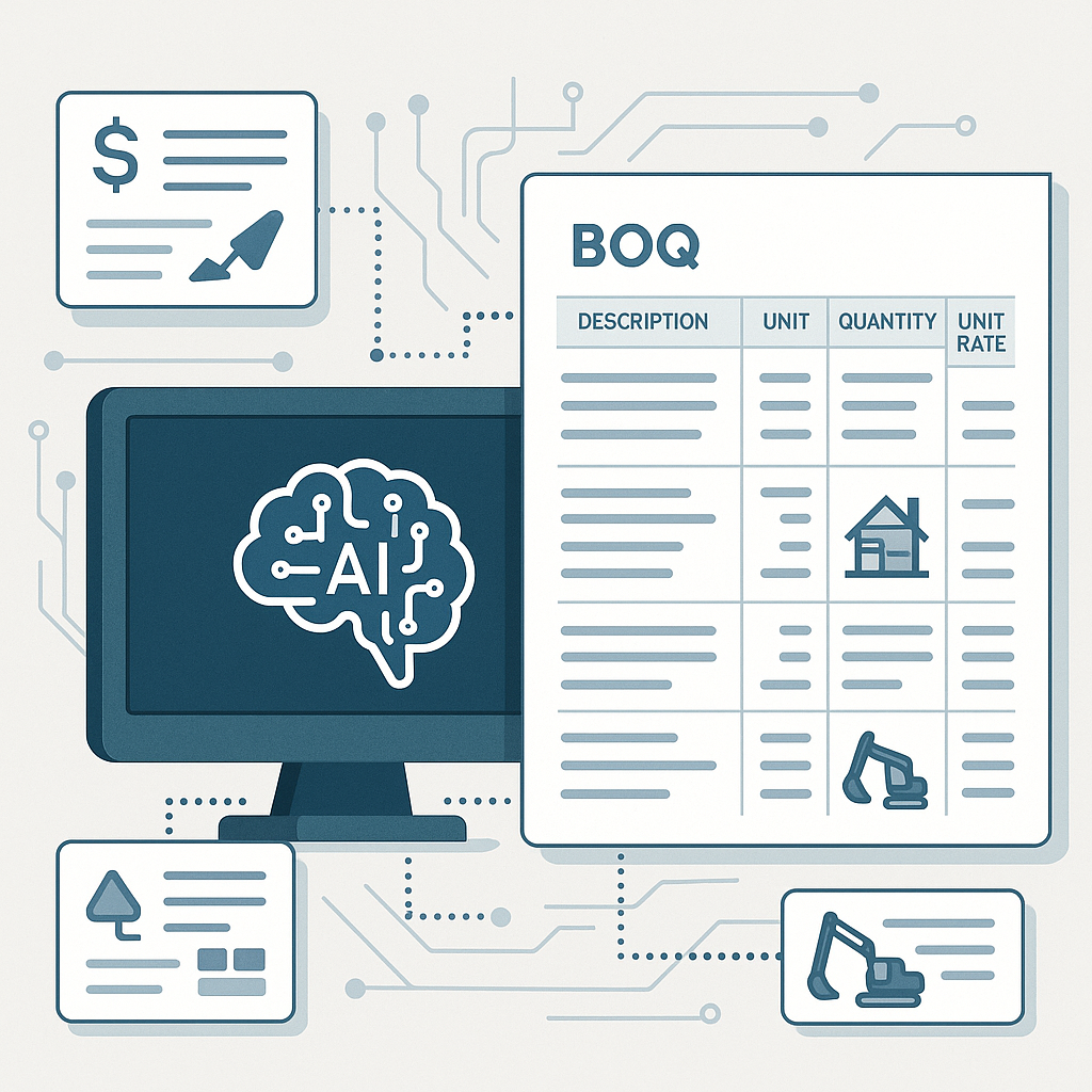 A detailed illustration of AI analyzing a complex construction BOQ, with annotated training data inputs like unit rates,...