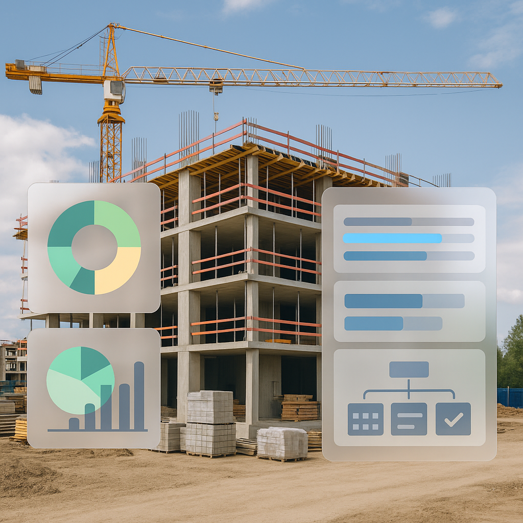 A realistic depiction of a construction site with digital dashboards overlaying project tracking metrics like budgets, s...