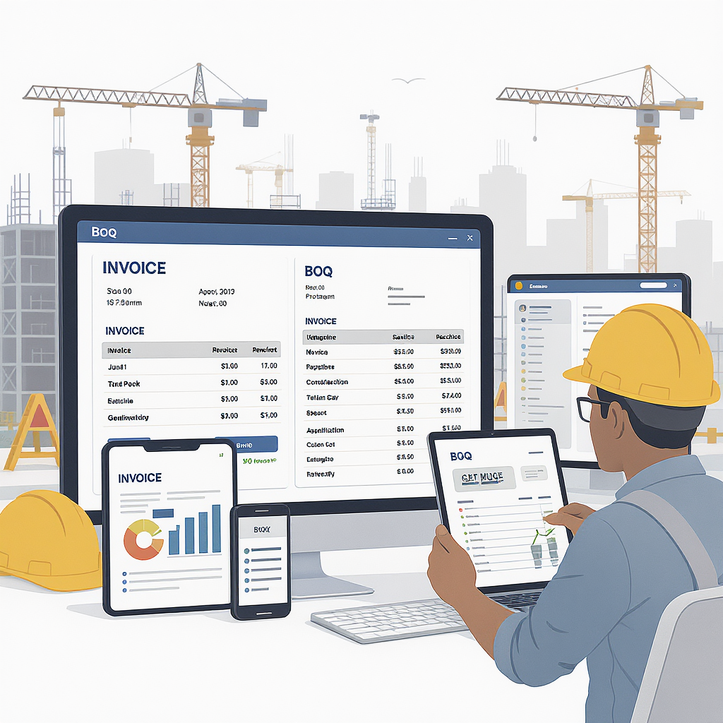 A detailed illustration of construction site billing workflows — featuring invoices, BOQs, and progress tracking on digi...