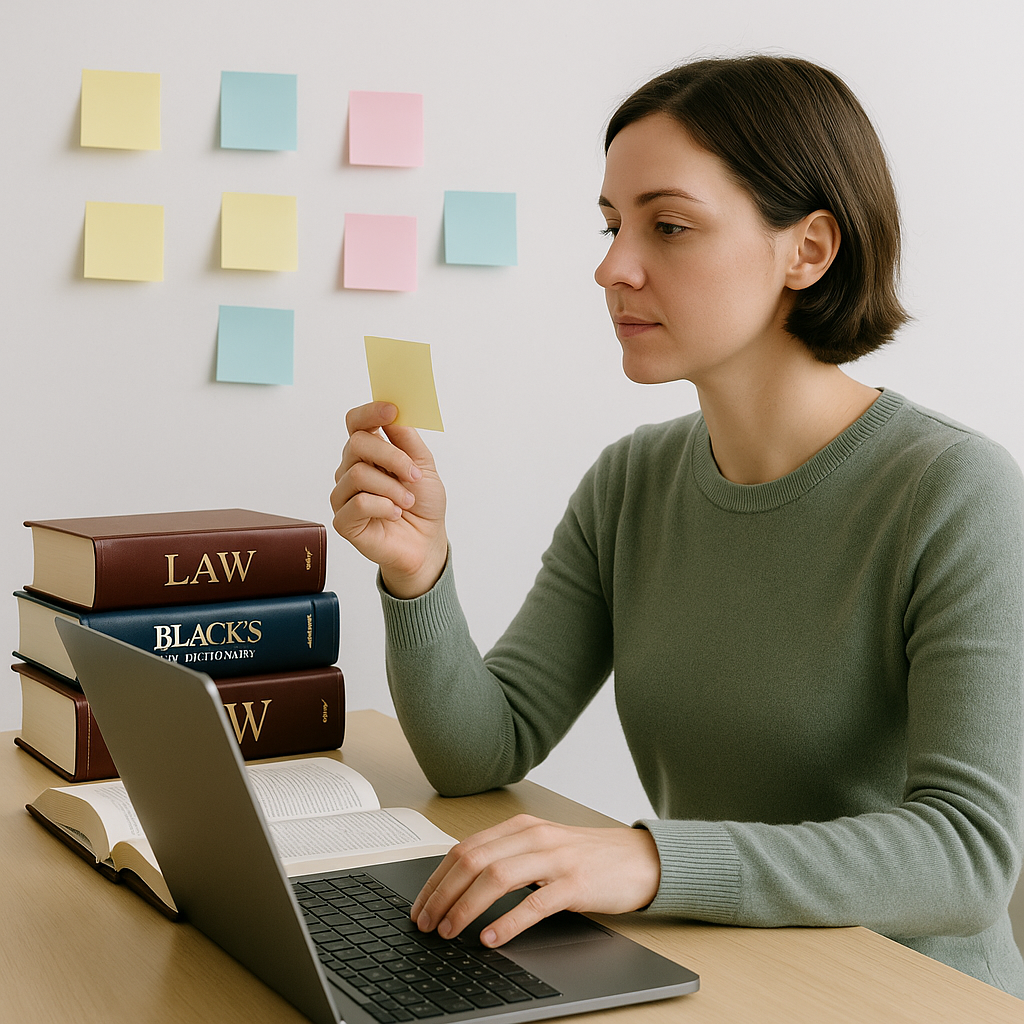 A career changer seated at a desk with a laptop, surrounded by legal textbooks and sticky notes, highlighting active rec...