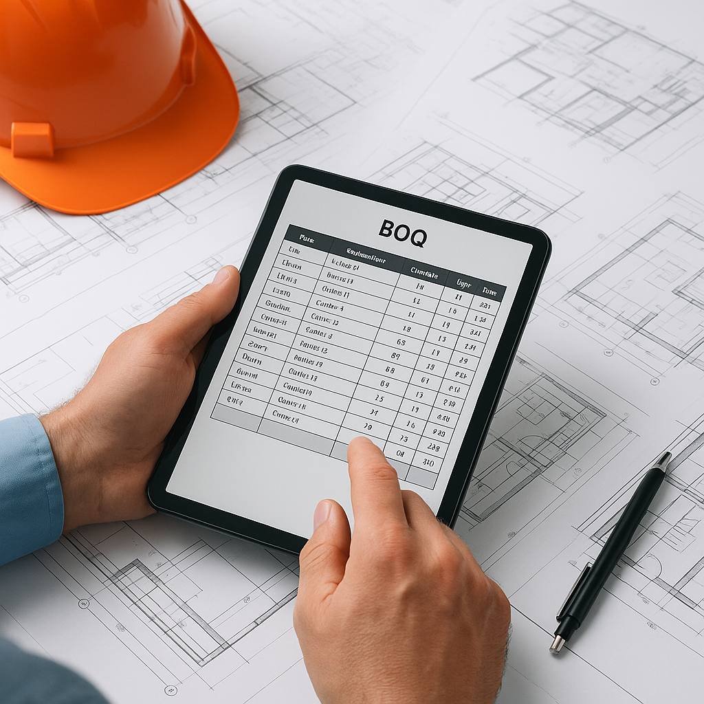 A contractor reviewing a BOQ spreadsheet on a tablet, surrounded by architectural plans and construction drawings, with...