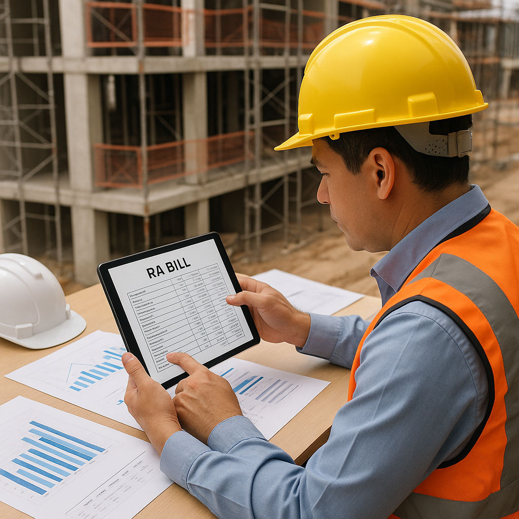 A construction site accountant reviewing a digital RA bill on a tablet, surrounded by project documents with visible pro...