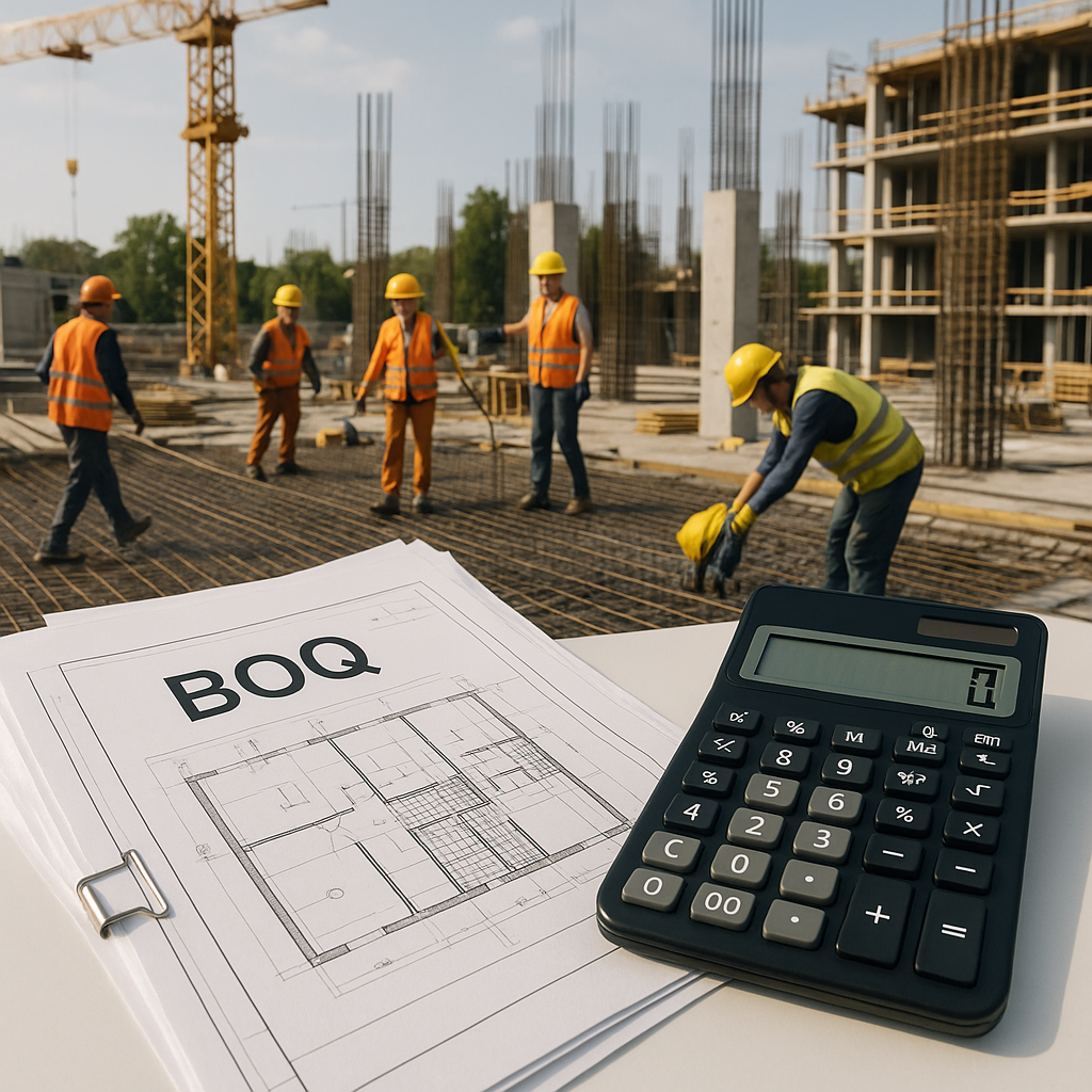 A detailed construction site with workers, BOQ documents, and a calculator prominently placed, symbolizing cost estimati...
