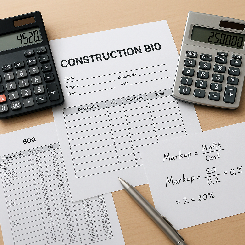 A construction bid document on a desk, with calculators, BOQ sheets, and markup formulas scribbled on paper. Focus on re...