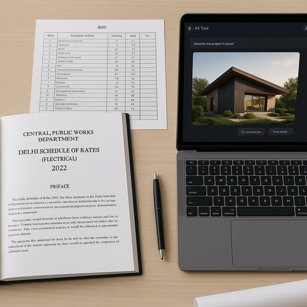 A contractor's desk with an open CPWD DSR PDF on one side, a laptop showing an AI tool interface on the other, and a BOQ...