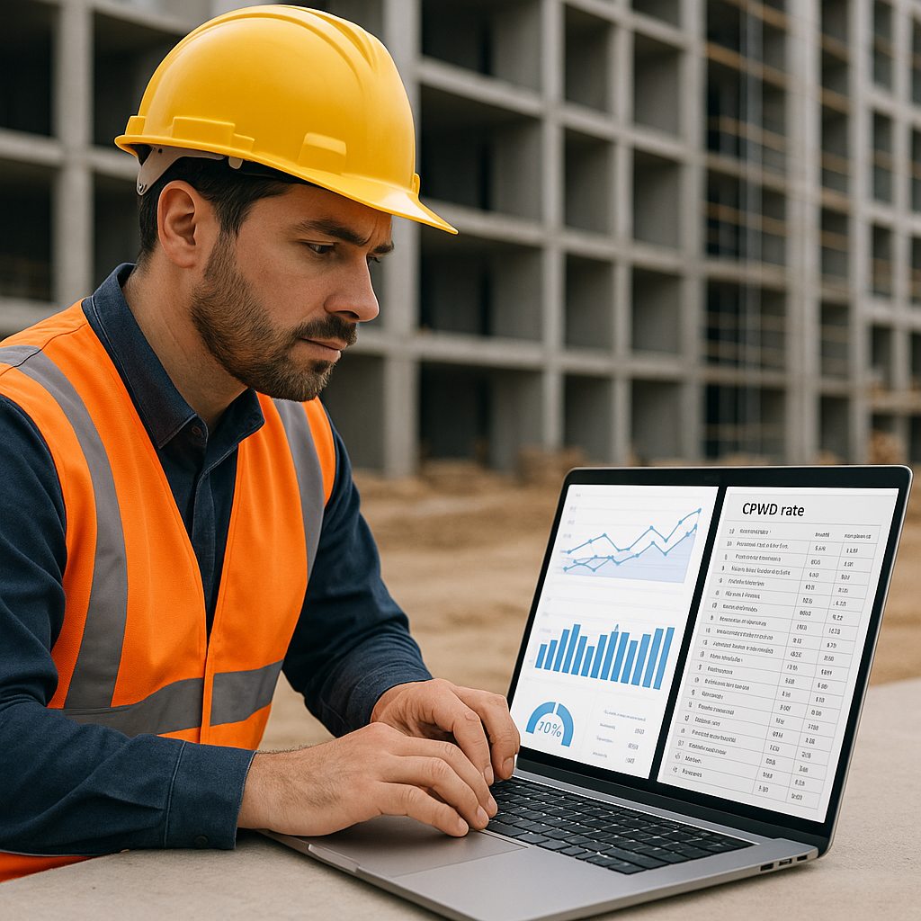 A contractor working on a laptop, with AI-driven graphs and CPWD rate tables visible on the screen. Background shows an...