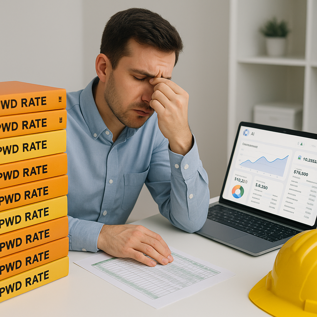A construction estimator at a desk, overwhelmed by stacks of CPWD rate books and Excel sheets, while a sleek AI-powered...