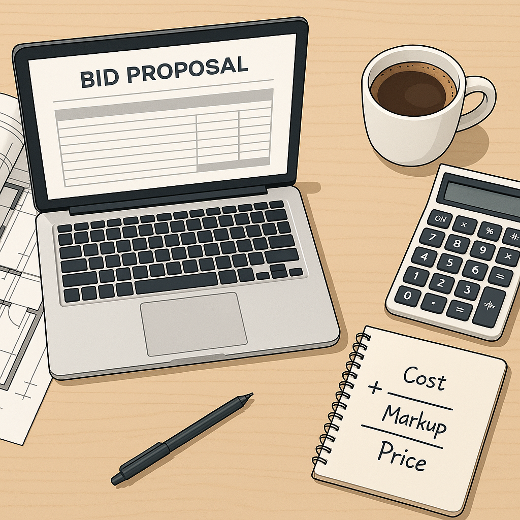 A detailed illustration of a contractor's desk with a laptop showing a bid proposal, a calculator, blueprints, and coffe...