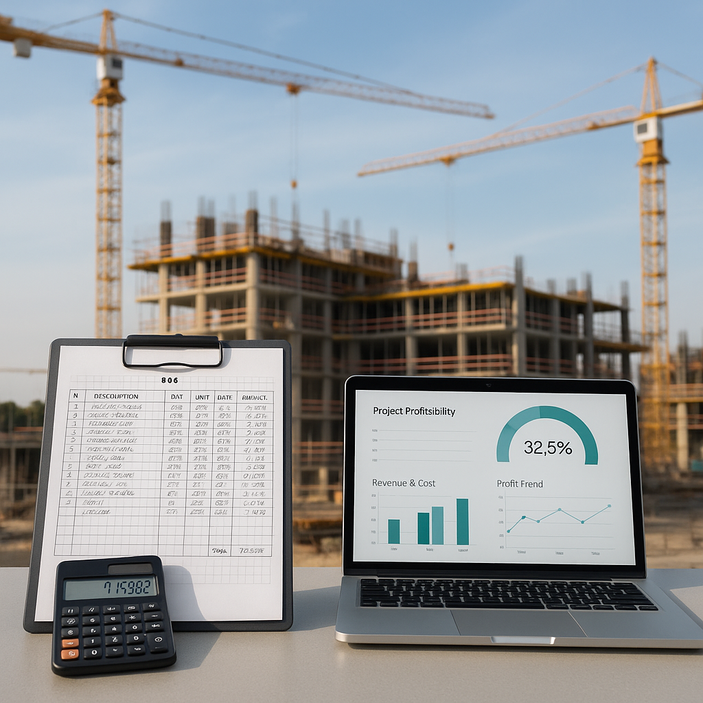 A construction site with a clipboard showing detailed BOQ calculations, a calculator, and a laptop displaying a project...
