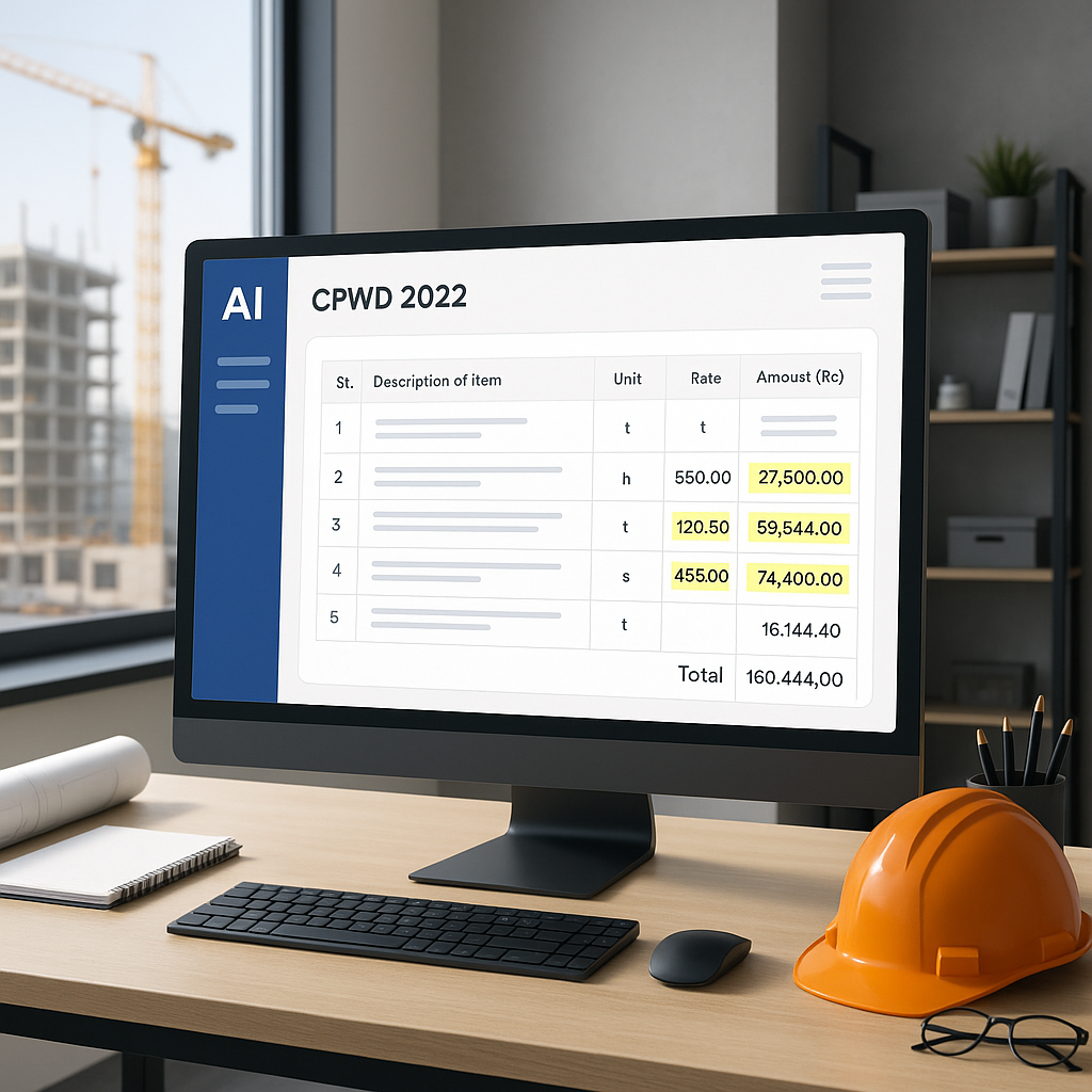 A detailed image of an AI interface analyzing a CPWD 2022 PDF, with highlighted rates and automated calculations, set in...