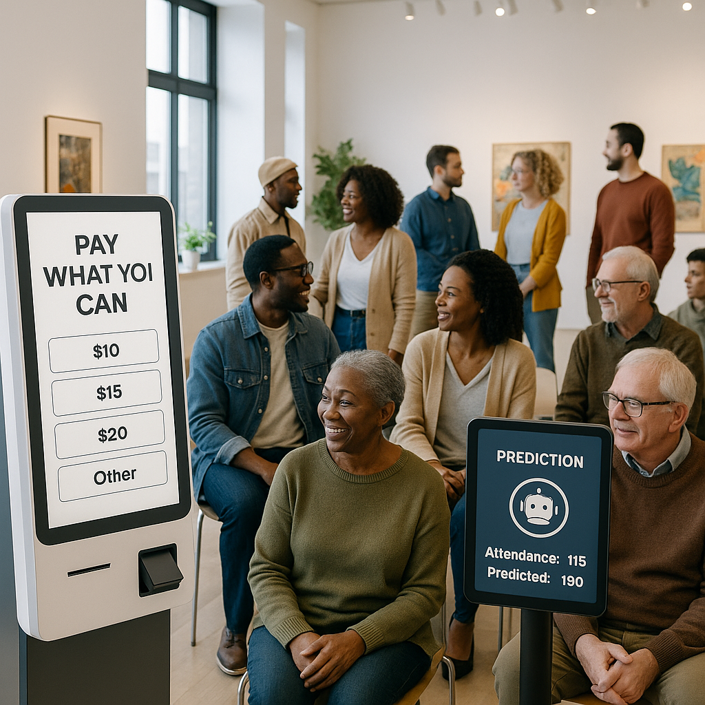 A community event with diverse attendees at a cultural center. Feature a ticketing kiosk showing 'Pay What You Can' opti...