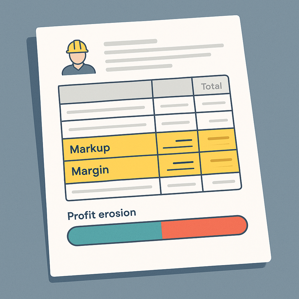 A detailed illustration showing a construction bid sheet with highlighted markup and margin calculations, overlaid with...