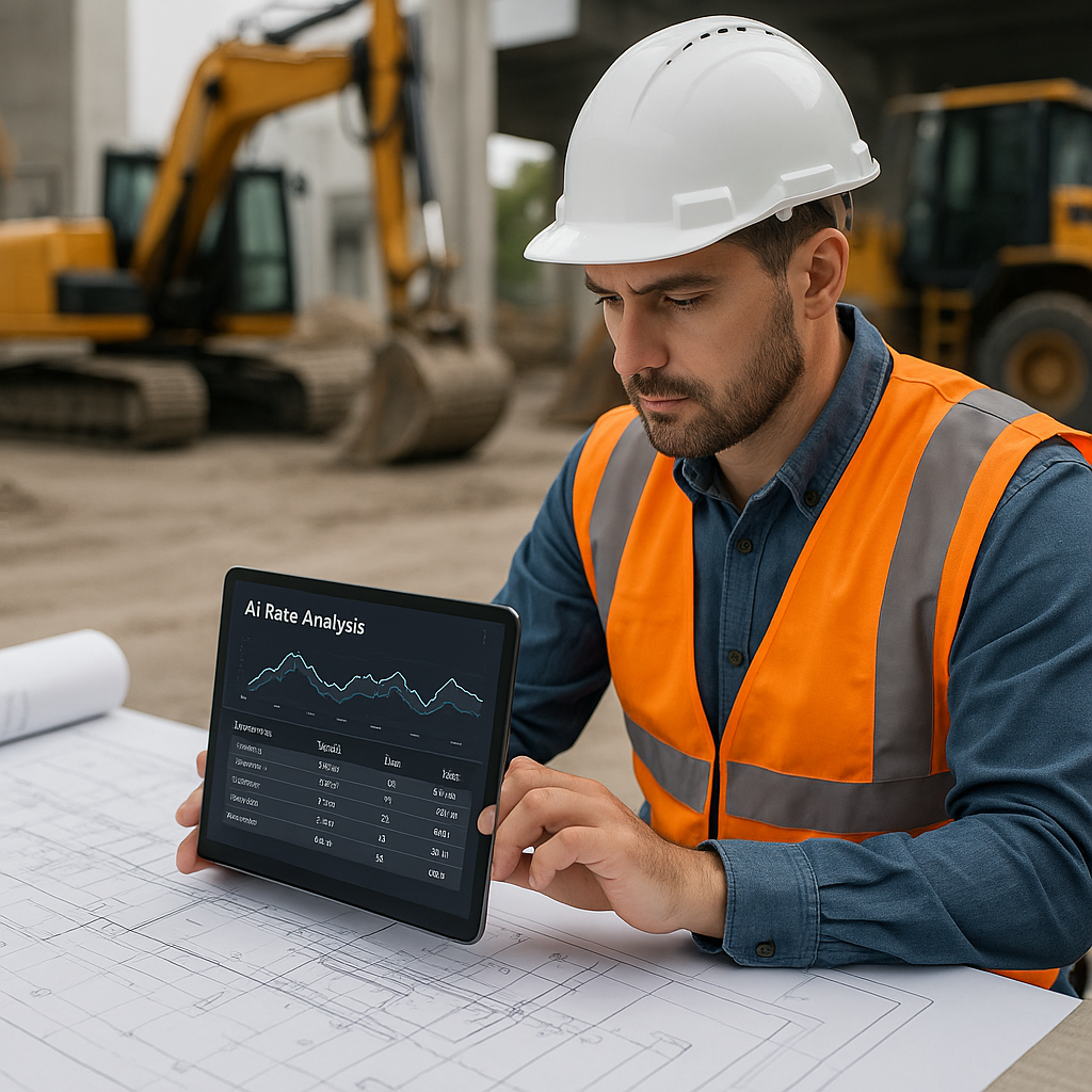 A construction estimator working on a tablet with AI-generated rate analysis data for a civil project, surrounded by blu...