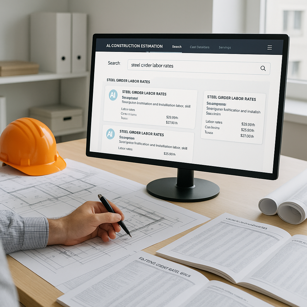 A contractor’s desk with a computer screen showing an AI-powered construction estimation tool, featuring search results...
