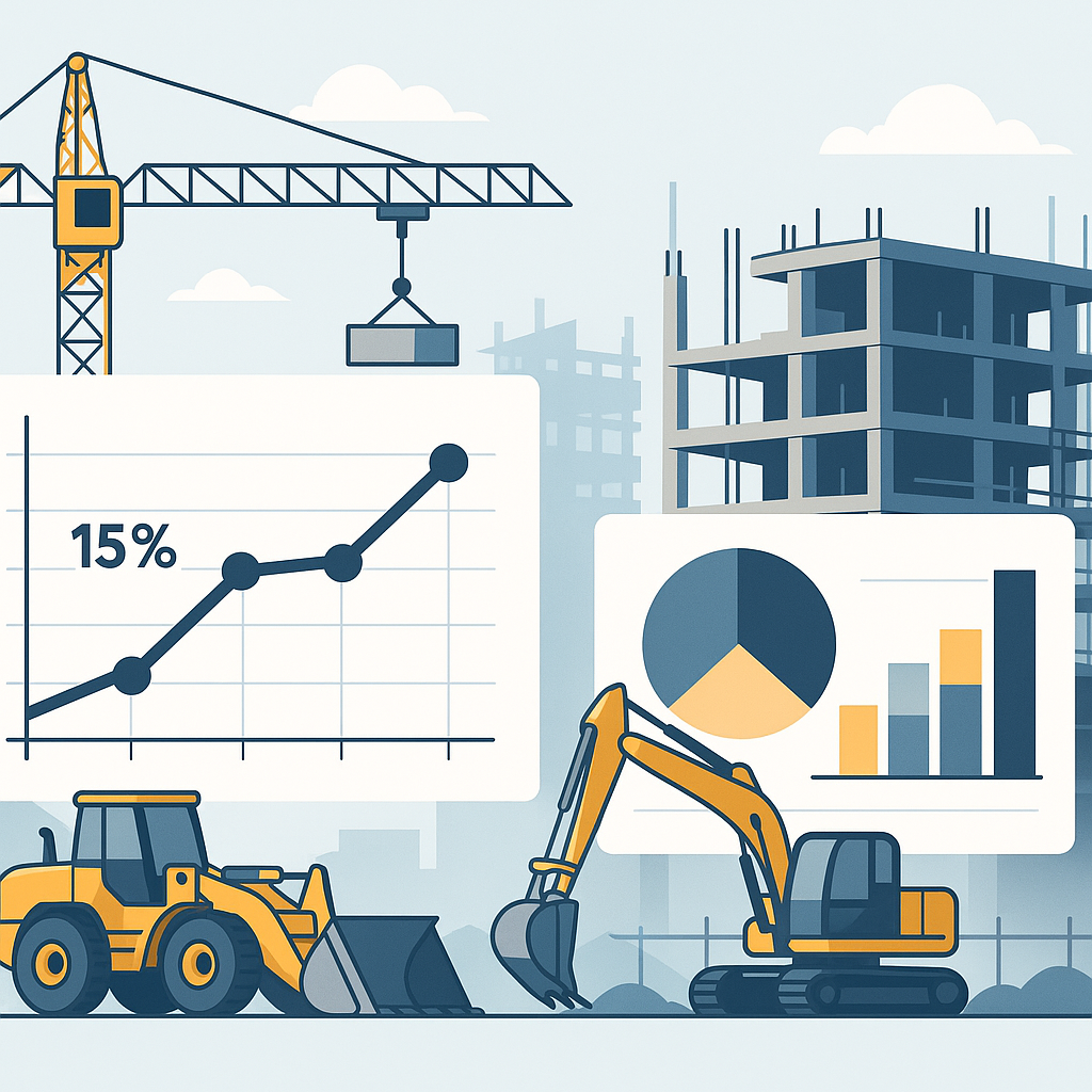 A detailed illustration of a construction site with overlayed graphs showing profit margins and cost breakdowns, emphasi...