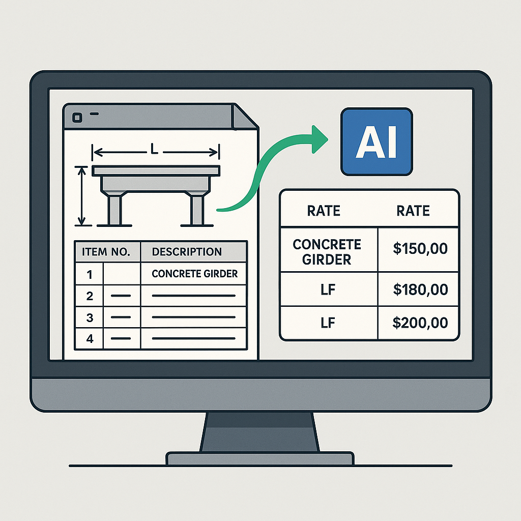 AI-powered construction estimation software extracting rates from complex PDF documents, showing a computer screen with...