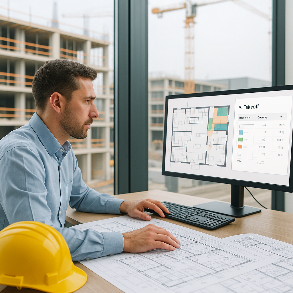 A construction estimator at a desk with detailed building blueprints and a computer screen showing automated AI takeoff...