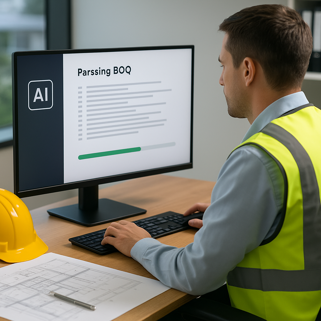 A construction estimator at a desk, with a computer screen showing an AI tool parsing a BOQ in real-time. Clear visual c...