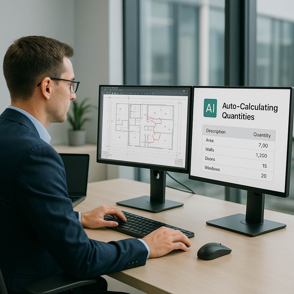 An estimator at a desk with multiple screens, one showing a PDF drawing, another showing an AI tool auto-calculating qua...