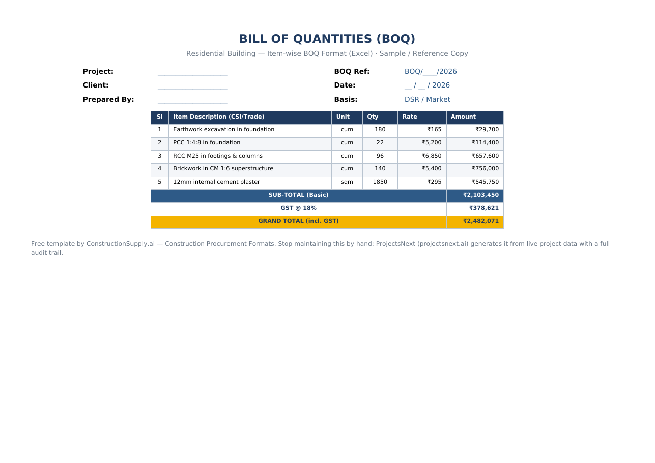 BOQ Format for Residential Building in Excel (Free) — sample