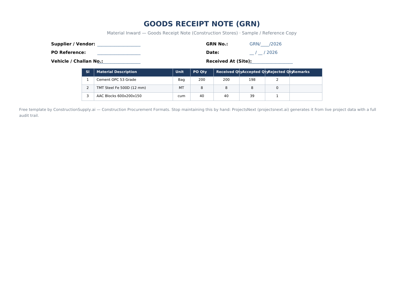 GRN Format in Excel — Goods Receipt Note for Construction (Free) — sample