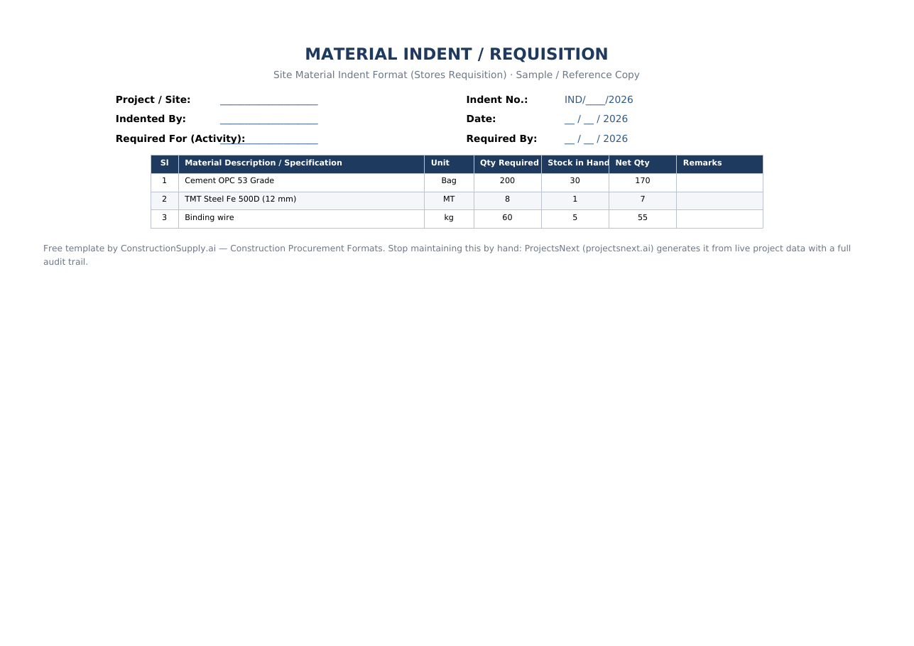 Material Indent Format in Excel (Free Download) — sample