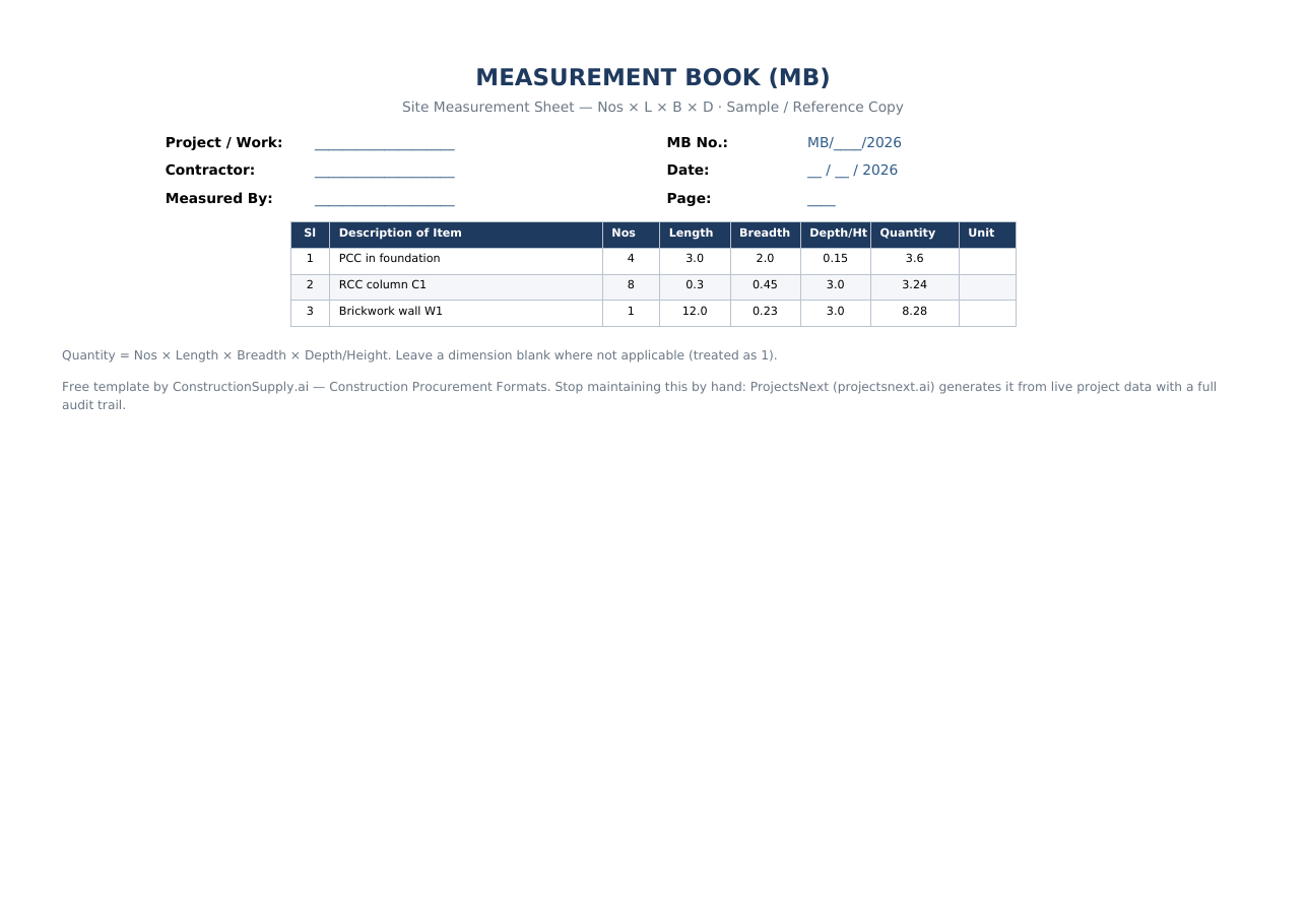 Measurement Book (MB) Format — Free Excel &amp; PDF — sample
