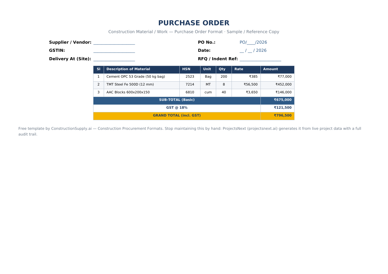 Purchase Order Format for Construction (Free Excel &amp; PDF) — sample